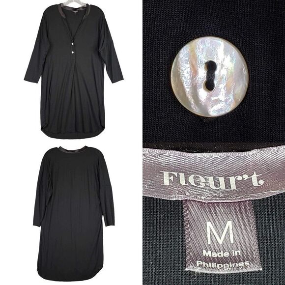 Fleur’t Pajamas Sleep Shirt Womens Black Size Medium M Long Sleeve Button - Picture 1 of 9
